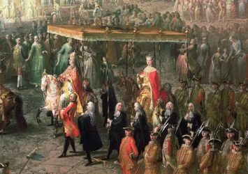 Der Krönungszug von Joseph II. (1741-90), Kaiser von Deutschland, in Romerberg (Detail)